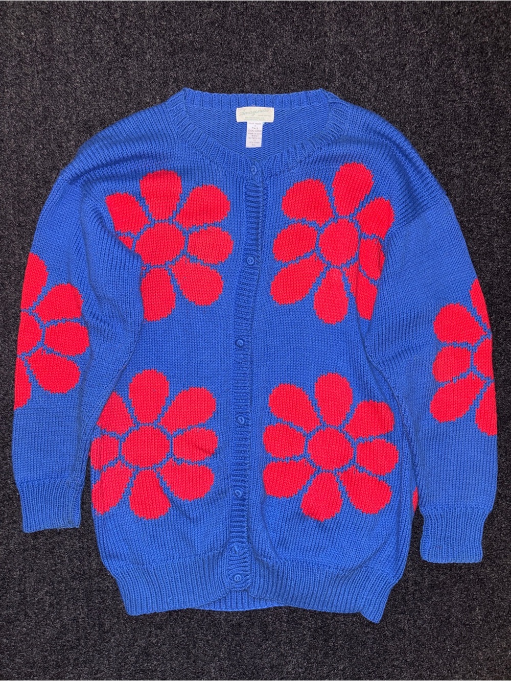 Vtg 90s Amazonias Floral Cardigan XL Chunky Knit Cotton Sweater Kidcore Oversize
